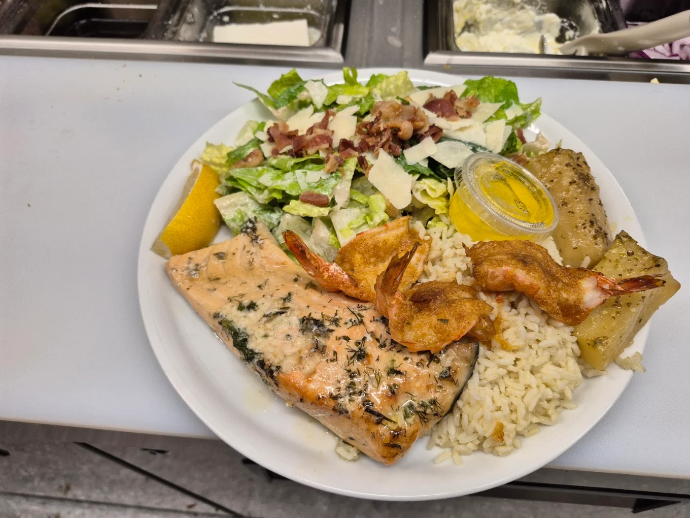 Grilled chicken with fries and rice